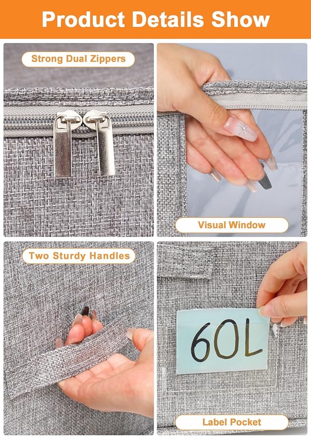 Punemi Large Clothes Storage Bags, 2 Pack Comforter Storage Bag with Sturdy Structure/Zipper for King/Queen Comforters Quilt Duvet Pillows Blankets, Closet Organizers, 21.7x14.2x11.8in
