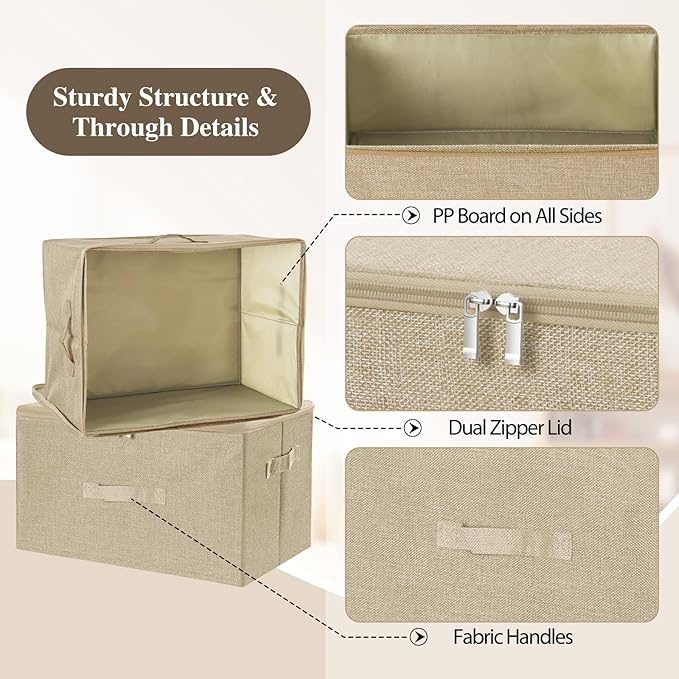 ANMINY Storage Bins with Zipper Lids 51.9 Qt Lidded Fabric Storage Boxes Baskets Cubes with Handles Collapsible Washable Cotton Linen Closet Shelf Clothes Organizer - Beige, Extra Large