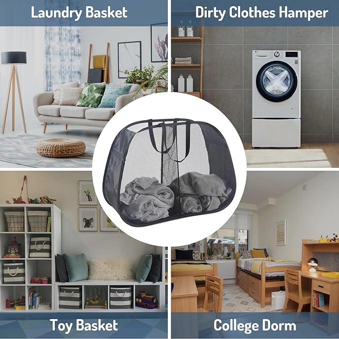 Mesh Popup Laundry Hamper 2 Compartment, Collapsible Laundry Sorter Basket Foldable Hamper for Clothes, College Dorm, Travel (Black)