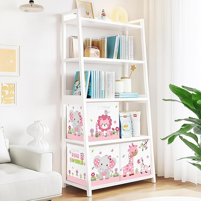 Clastyle Jungle Animal Kids Storage Cube Organizer Set Tree Closet Clothes Cube Storage Bin Nursery Toddler Toy Box Chest Boys Girls Book Shelf Basket,Pink,11.8x11.8x11.8 in