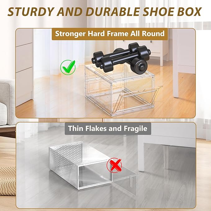 JWQ 10 Pack Extra XX Large Hard Plastic Clear Stackable Shoe Storage Box Organizer for Closet, Thicken Sturdy Sneaker Shoe Rack Display Case Containers Bins with Lids and Magnetic Door, Clear