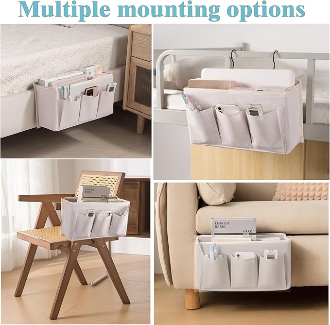 Bedside Caddy / Bedside Storage Organizer Hanging Bag with Three Options,Suitable for home beds, sofas, and dormitory beds—can hold magazines, books, phones, iPads, remote controls. (White)