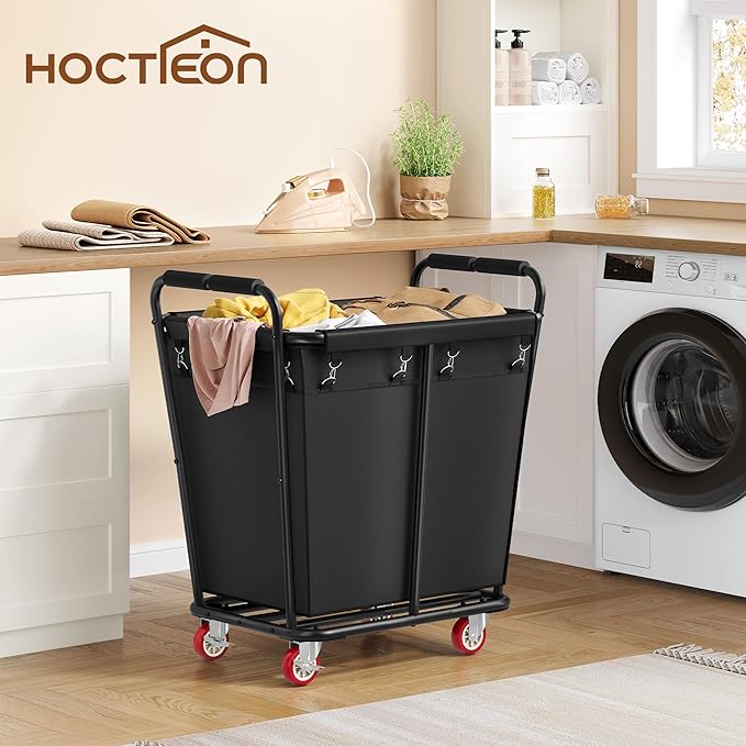 Hoctieon Large Laundry Cart with Wheels, 300L Heavy Duty Laundry Basket Organizer, Rolling Hamper Sorter for Clothes Storage, Industrial Dirty Clothes Hamper for Home & Hotel, Black