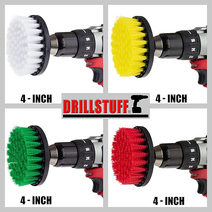 Drill Brush Attachment Power Scrubber Brush Set - 4in 4 Piece Soft, Medium and Stiff Power Scrubbing Brushes Drill Attachment – Spin Brushes for Cleaning Showers, Tubs, Bathroom, Tile, Grout, Carpet