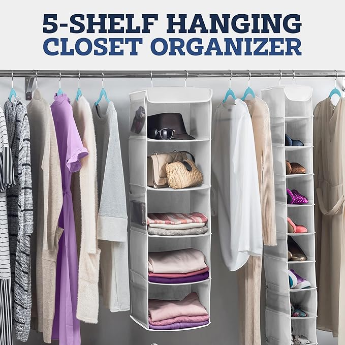 ZOBER Hanging Closet Organizer, 5-Shelf - Hanging Storage Organizer Shelves for Clothes, Towels, Toys - College Dorm Room, Nursery, & Home Closet