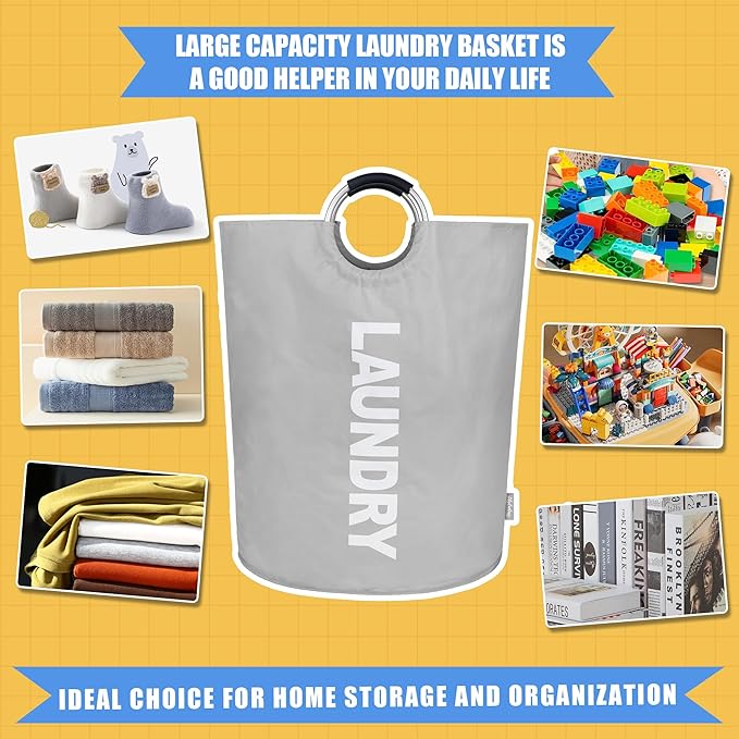 160L Large Laundry Basket, Collapsible Laundry Hamper with Padded Handles, Waterproof Laundry Bag, Tall Clothes Hamper Stand Up Well, Foldable Laundry Baskets for Easy Storage(Light Grey)
