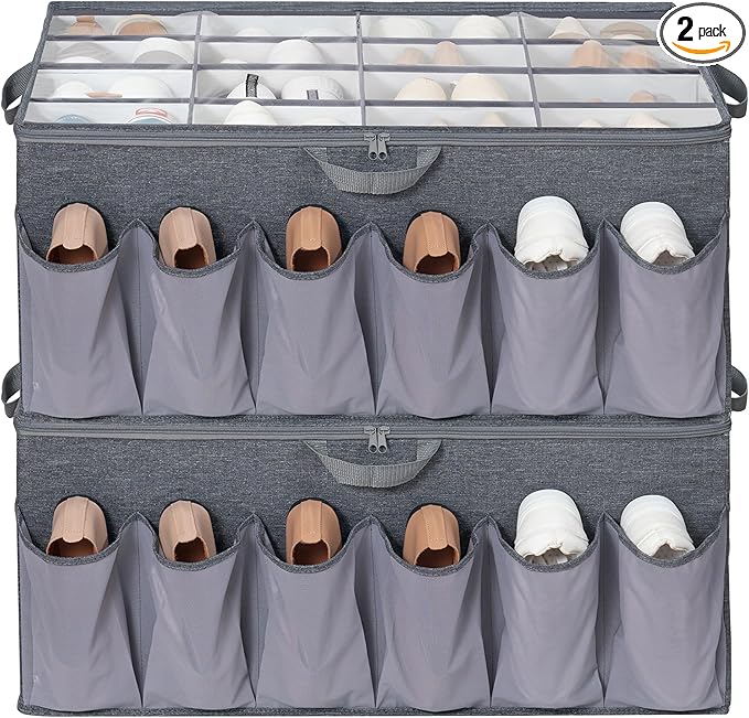 Shoe Organizer for Closet, Shoe Storage Solution with Clear Cover & Adjustable Dividers, Fabric Shoe Box Fits 16 +12 Pairs Shoes, Grey, 2-Pack