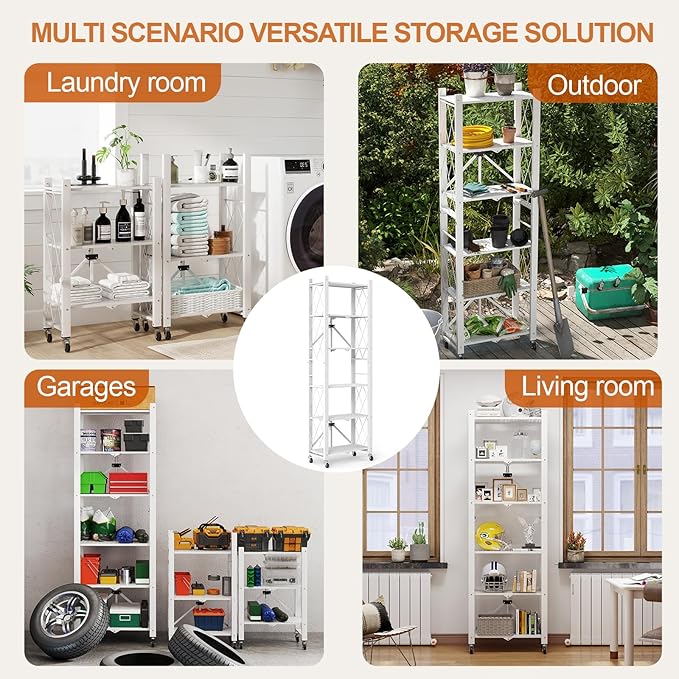 6-Tier Foldable Storage Shelves with Wheels, Folding Metal Shelf Unit, Folding Bookshelf no Assembly, Collapsible Shelves for Craft Shows for Kitchen, Bedroom, Living Room, White
