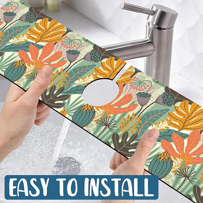Abstract Leaves Sink Splash Guard Faucet Mat Boho Leaves Super Absorbent Fast Drying Mat Sink Gadgets-Splash Guard Behind Faucet Drip Catcher for Kitchen Bathroom, 23.5"x5.5"