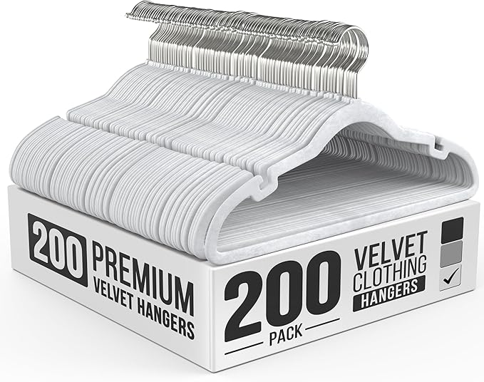 200 Pack Velvet Hanger for Shirt Pants Dresses Skirts Suits Jackets - Slim Space Saving Design - Standard Coat Hanger - Sturdy & Durable Design with Shoulder Grooves Hook