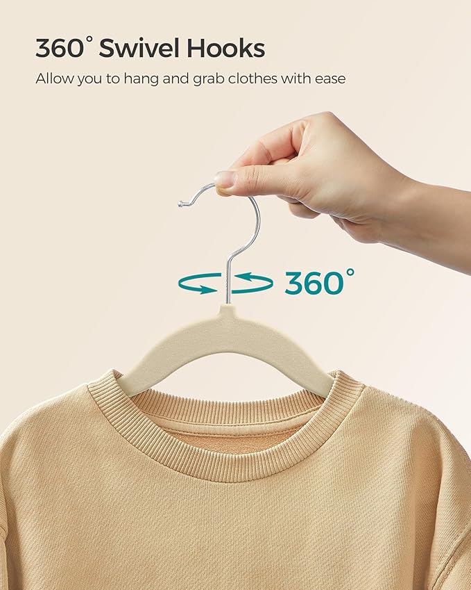 SONGMICS Baby Kids Hangers 50 Pack for Closet, 11.8 x 8.1 Inches, Silver 360° Swivel Hooks, Space-Saving Clothes Velvet Hangers for Nursery, Non-Slip, Summer Sand UCRF027K05