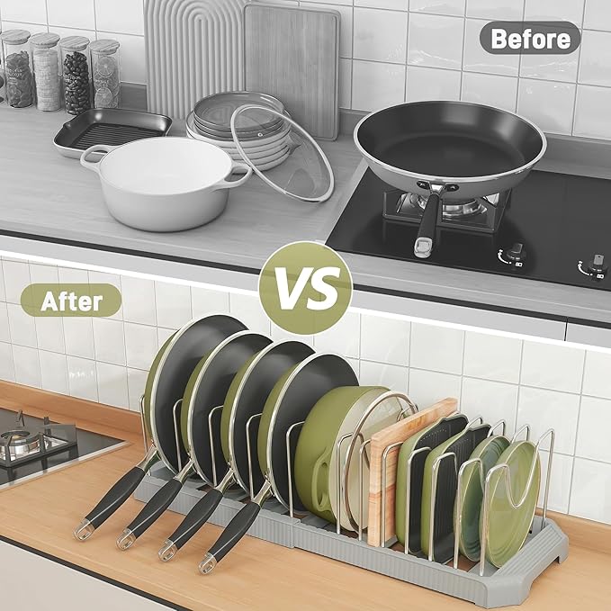 Pots and Pans Organizer for under Cabinet, Pan Pot Organizers inside Cabinet, Expandable Organizer with 12 Adjustable Dividers for Cookie Sheets, Cutting Boards, Pot Lids, Cookware - Pan Rack, Grey