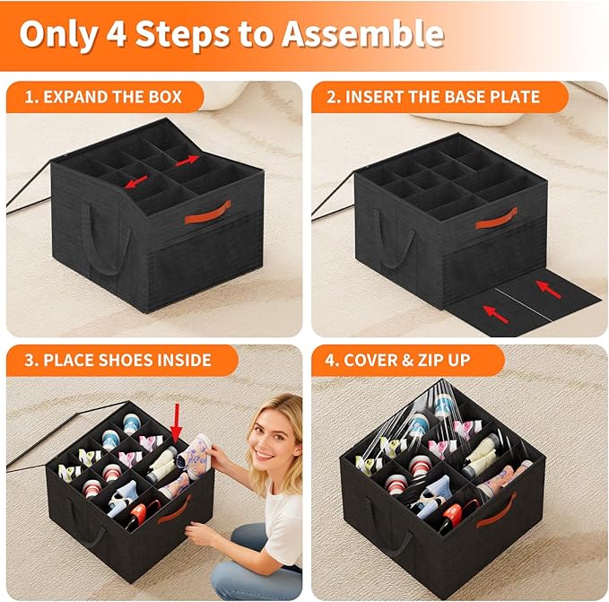 Aokeyee 2 Pack Shoe Organizer for Closet, Foldable Shoe Storage Organizer Box w/Clear Cover and 4 Reinforced Handles, Space Saving Shoes Bin Fits up to 32 Pairs, Black