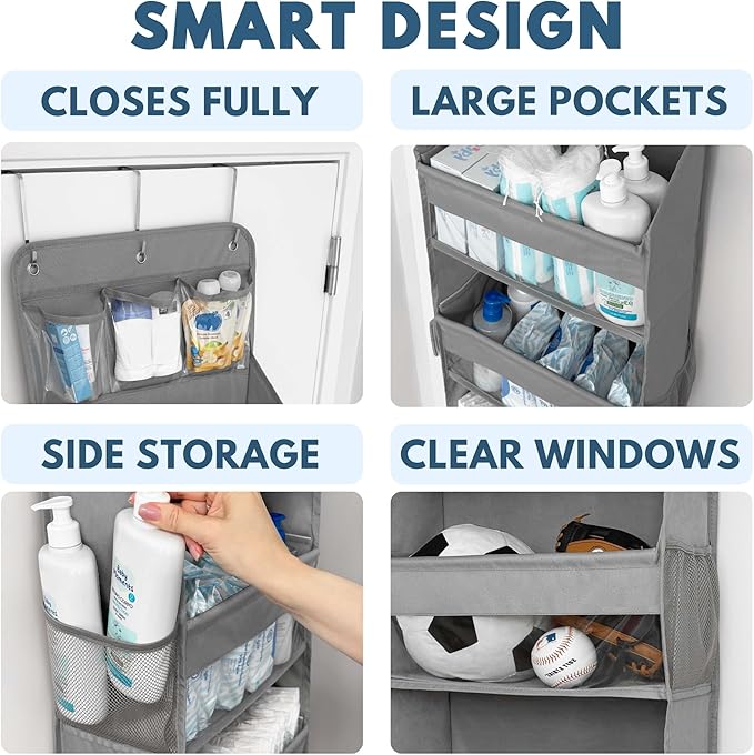 Over The Door Organizer Hanging with 5 Large & 6 Side Pockets 5 Tier Behind Door Storage 50 lbs for Closet, Nursery, Bathroom Door Organizer, 1 Pack, Grey