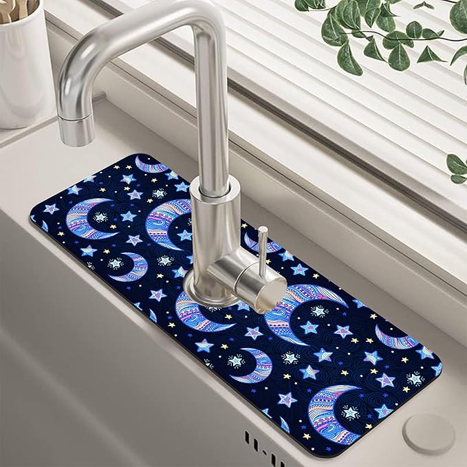Kitchen Sink Splash Guard Faucet Mat Super Absorbent Fast Drying Mat Guard Behind Faucet Drip Catcher for Kitchen Bathroom (Blue Stars Crescent Moon, 23.5"X5.5")