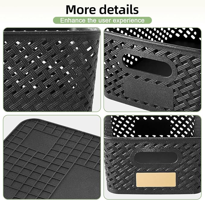 Small Plastic Twill Woven Storage Baskets, Stackable Organizing Containers with Labels for Pantry Office, 6-Pack, Black