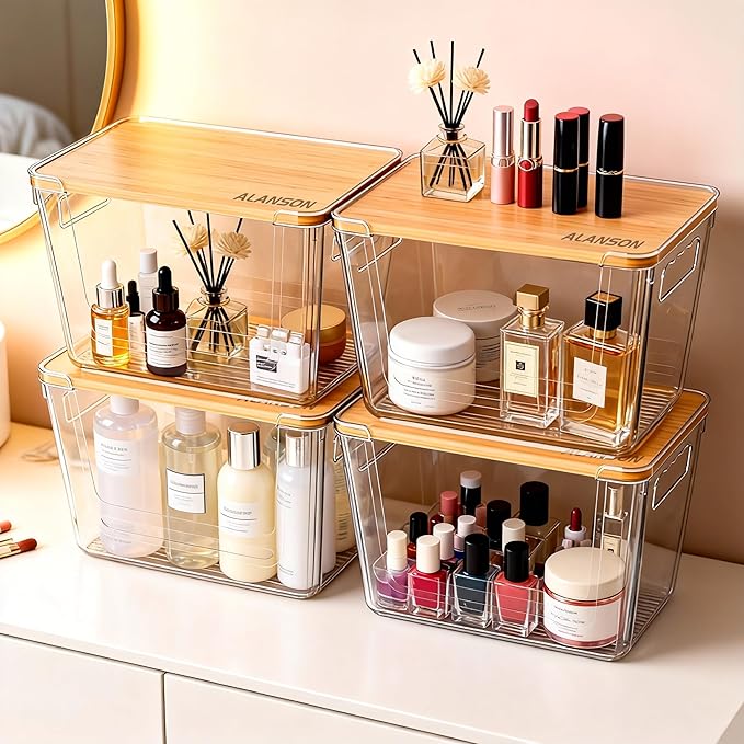 2 Pack Multi-Function Storage Boxes with Bamboo Lids, Trash Bag Organizer, Suitable for Organizing Kitchen, Cabinets, Under Sink, Laundry Room and Pantry (Clear, 2 Pack)
