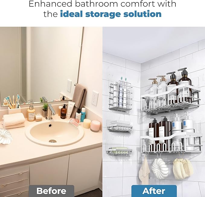 Fab Glass and Mirror shower caddy Bathroom shower organizer (White, Pack of 5)