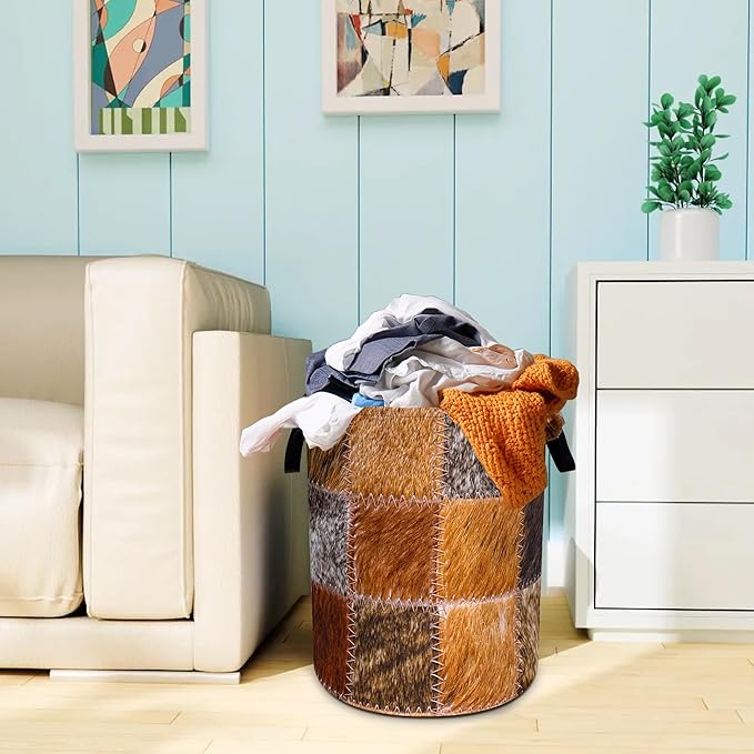 Faux Cowhide Patchwork Pattern Laundry Basket Oxford Cloth Funny Texture Laundry Hamper With Handle Foldable Portable Clothes Storage Basket 18.9 X 16.5 Storage Bag For Laundry Room/Bathroom/Bedroom
