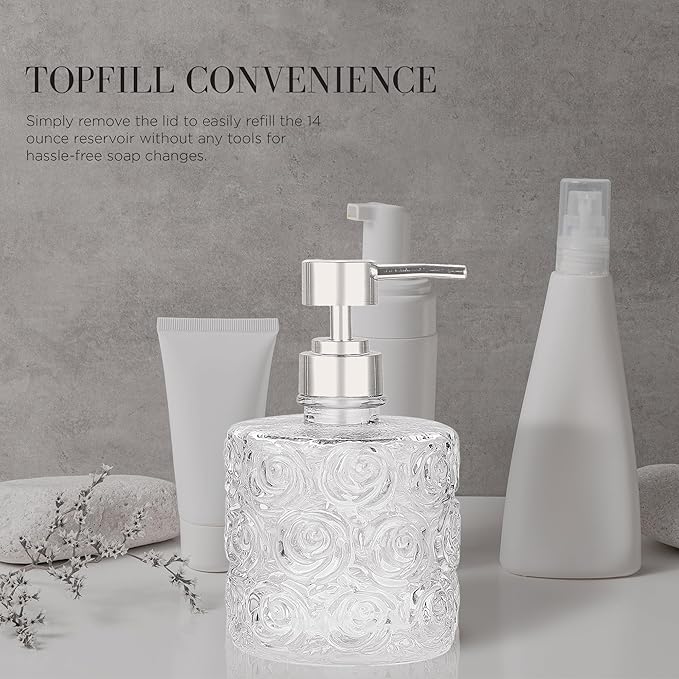 Marcella Glass Soap Dispenser with Soap Pump, Refillable 14 Ounce Capacity, Floral Design Rose Patterns, Heavy Weight Thick Glass for Bathroom, Premium Kitchen Soap Dispenser Clear