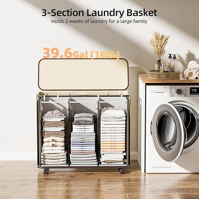 Yecaye 180L Laundry Basket With Lid and Removable 3 Bags, Large Rolling Laundry Hamper with Lid, 3 Section Rolling Clothes Storage With Wheels, Clothes Hamper with Wheels For Laundry Room, Beige