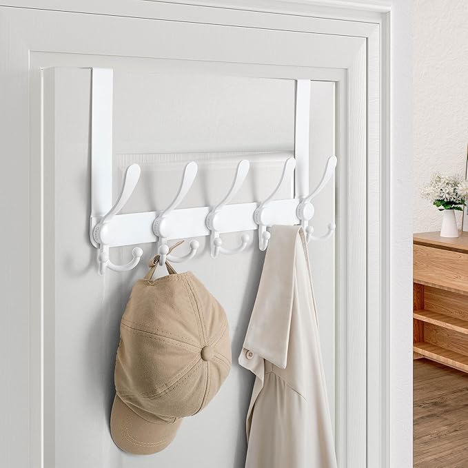 Dseap Over Door Hook 2.0 - Upgraded Version - Simple-Assembly, Strong, Heavy-Duty Stainless Steel 5-Tri-Hook Over The Door Hanger Rack, SimpleStrong Series, White, Pack of 2