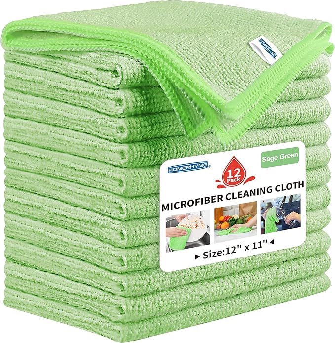 HOMERHYME Microfiber Cleaning Cloth, 12 Pack Green Cleaning Rags,12" X 11" Lint Free Dish Towels Wash Cloths, Reusable Microfiber Towels for Home and Kitchen Bathroom Apartment Cleaning Supplies