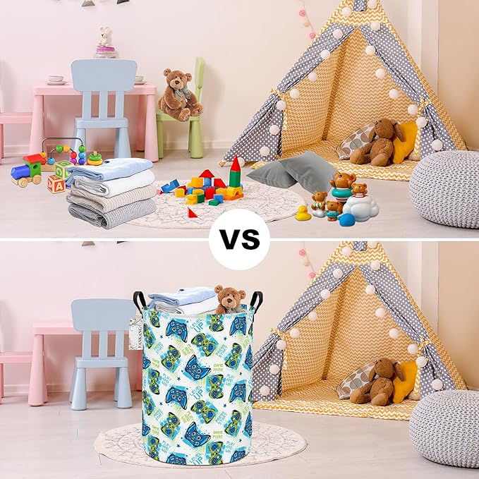 FANKANG Storage Basket, Nursery Hamper Canvas Laundry Basket Foldable with Waterproof PE Coating Large Storage Baskets for Kids Boys and Girls, Office, Bedroom, Clothes,Toys(Game)