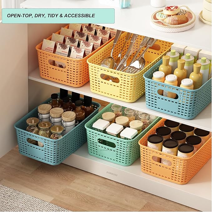 Plastic Storage Basket for Organizing 12 Pack Small Colored Storage Bins Container for Shelves, Colorful Shelf Baskets with Handles for Pantry Classroom Playroom Kitchen Cabinet Organization