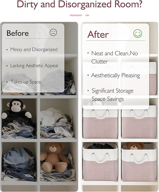 11 Inch Cube Storage Bins, 6 Pack Fabric Storage Cubes with Rope Handles, Organizer Baskets for Closet Shelves, Clothes and Home Organization(White/Pink)