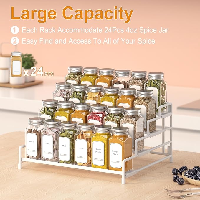 4-Tier-Spice-Rack-Organizer-for-Cabinet, Adjustable Depth Spice Holder Shelf For Countertop Pantry Cupboard, Metal Tiered Seasoning Organizer,Display Shelf Riser (White-2 Pack)