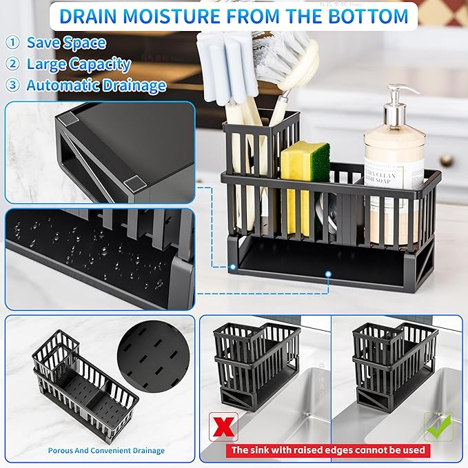 Yieach Rustproof Kitchen Sink Caddy Organizer,Durable Plastic Scrubber,Drain,Dish Sponge Holder,Dish Soap Rack and Dispenser,Multifunctional Kitchen Sink Counter Storage Organization Accessories,Black