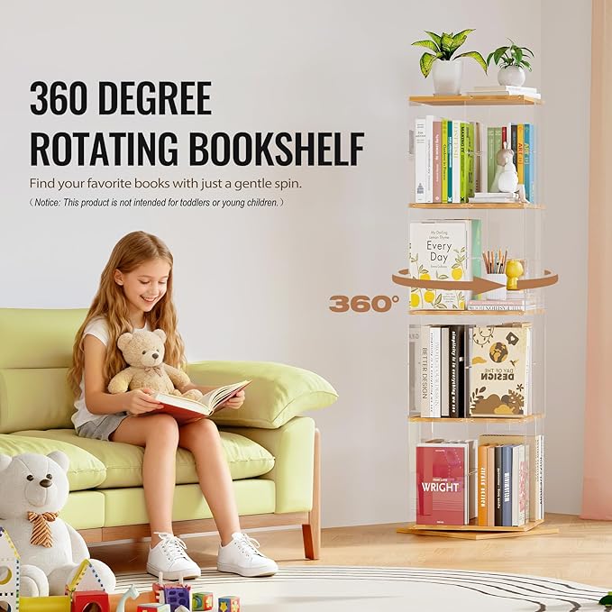 Rotating Bookshelf, 360 Degree Revolving Bookcase, 4-Tier Spinning Bookshelf, Clear Acrylic & Solid Wood Rotating Bookcase for Kid’s Playroom, Bedroom and Living Room, Square