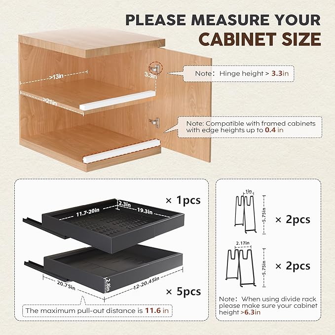 6 Pack Pull Out Cabinet Organizers 21" Deep With Raising Pad for Framed Cabinets, Expandable Slide Out Drawers with 4pcs Divider Racks, Roll Out Shelves, Adjustable Width 12"-20.45" Black