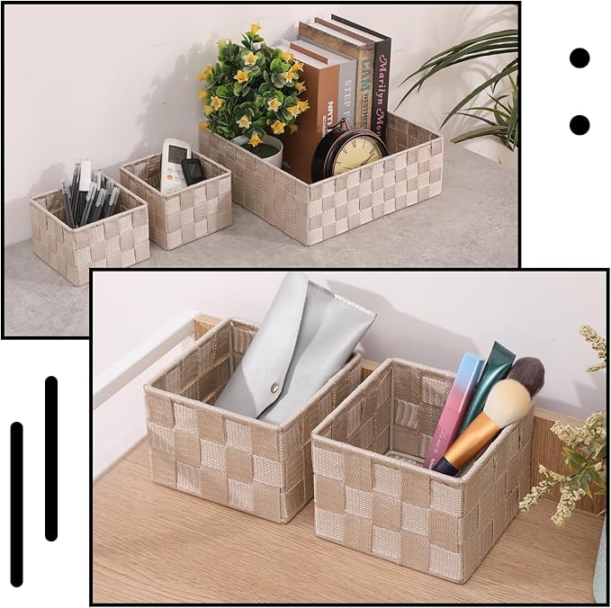 Storage Bins Woven Organizer Set of 6 – Polypropylene Storage Baskets with Metal Frame, Stackable Fabric Boxes for Drawers, Closet, Shelf, Nursery and Office, Beige