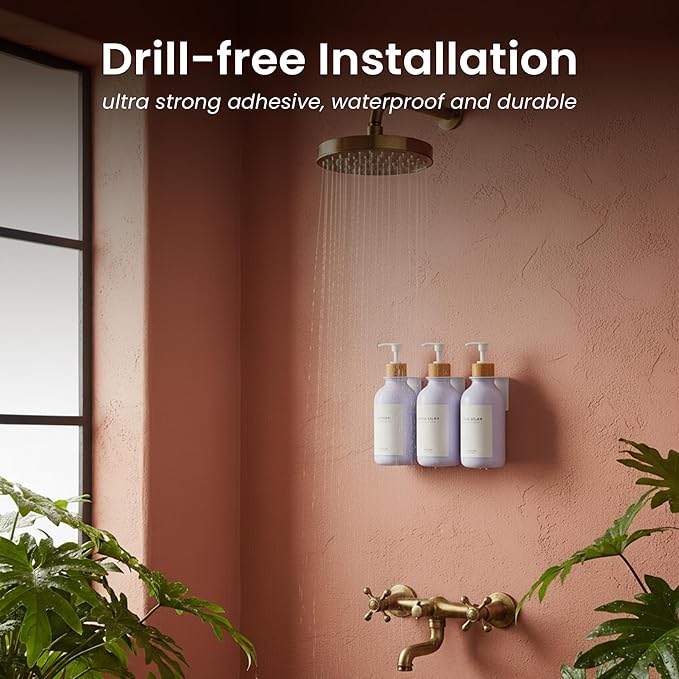 MaisoNovo Shampoo and Conditioner Dispenser - Shower Soap Dispenser Wall Mounted - 16.9 fl oz Set of 3 White Plastic Bottles Bamboo Pump - 3 Chamber No Drill