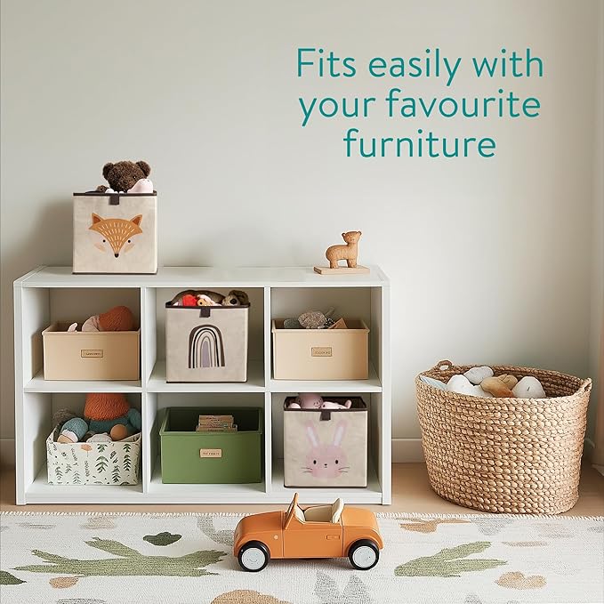 Navaris Kids Storage Cubes Set of 3 - Kids Cube Fabric Organizer Storage Bins - Foldable Cloth Cube for Childrens Bedroom Baby Nursery - Book Toy Bin Cubby Storage - Rabbit & Fox