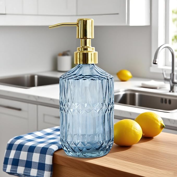 18oz Blue Glass Soap Dispenser, Refillable Kitchen, Bathroom Thick Glass Soap Dispenser with Golden Rustproof Pump for Dishwashing Liquid, Hand Soap, Lotion, Body Wash (Blue-Golden Pump)