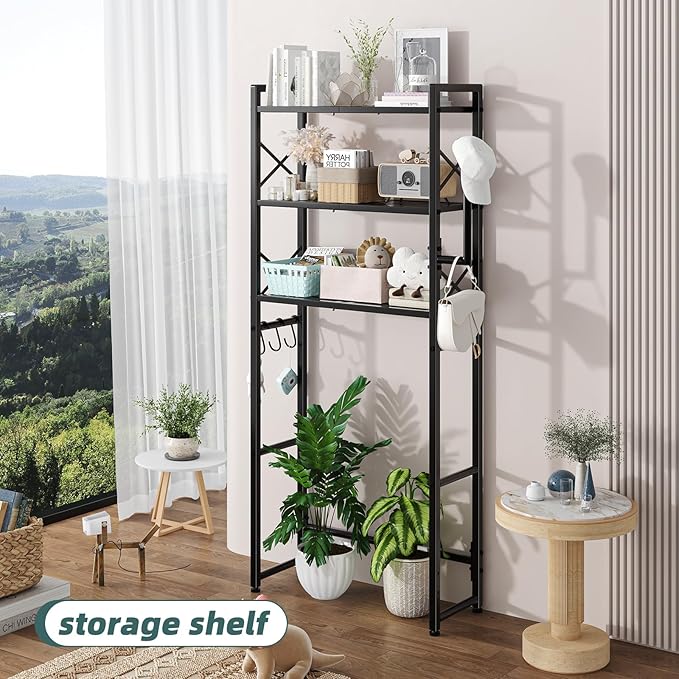 Simple Trending Over The Toilet Storage Rack with Toilet Paper Holder, Heavy Duty Metal 3 Tier Bathroom Organizer Shelf with 3 Hooks,Black