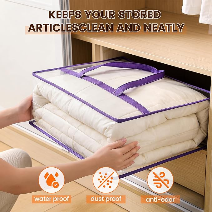 10 Pack Clear Clothes Storage Bags, Double Zipper Design 40L Underbed Moving Bags for Blankets and Clothes, Large Capacity Closet Organizers and Storage for Dormitory, Bedroom, Closet-Purple