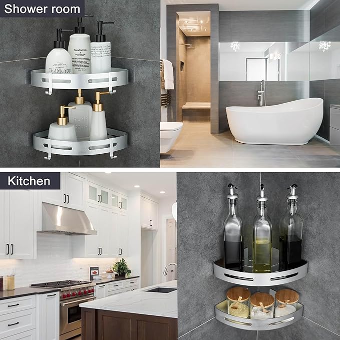 WPT Corner Shower Caddy, 2 Pack Adhesive Shower Corner Shelf, Shower Organizer Storage Wall Mounted No Drilling for Bathroom and Kitchen, Silver