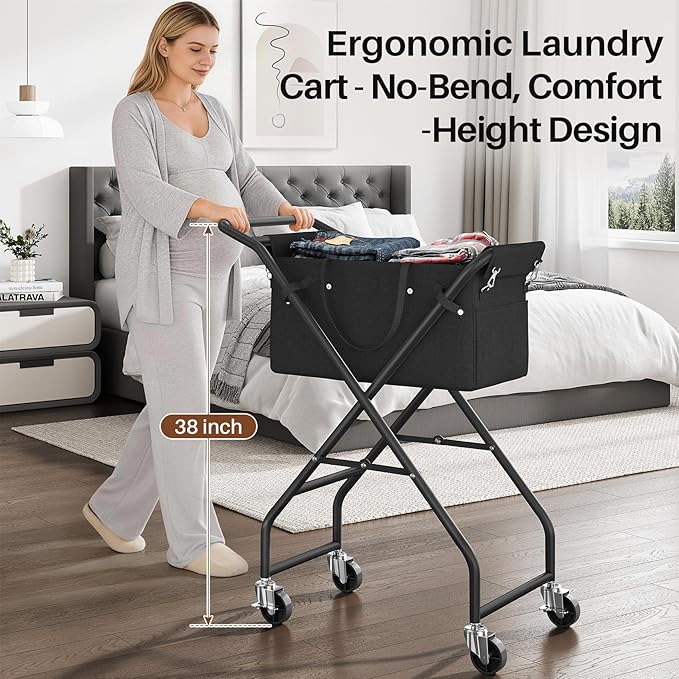 No-Bend Laundry Cart- Rolling Hamper with Locking Wheels & Handle, Foldable Basket Screw-Free Assembly, Durable Metal Frame & Removable Liner Bag for Bedroom & Bathroom (Black)