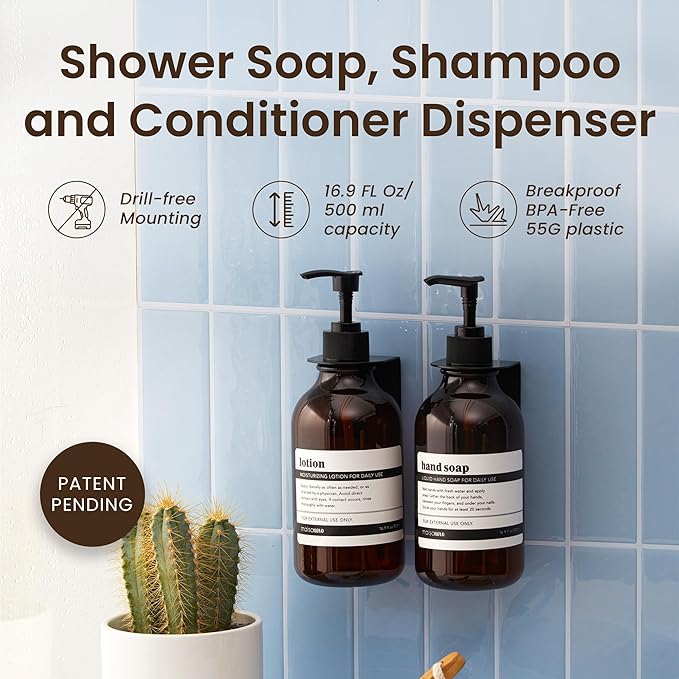 MaisoNovo Shampoo and Conditioner Dispenser - Shower Soap Dispenser Wall Mounted - 16.9 fl oz Set of 2 Amber Plastic Bottles Black Pump - Shampoo Dispenser, Shower Dispenser 2 Chamber No Drill