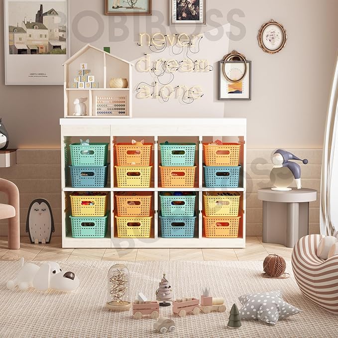 Colorful Plastic Storage Baskets with Lids 8 Pack Stackable Storage Bins Containers for Shelves Organizing, Colored Cute Decorative Storage Boxes for Classroom, Playroom, Closet, Pantry