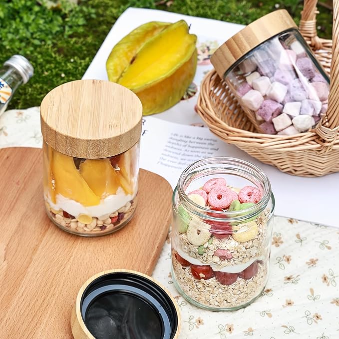 YUNCANG Glass jars with Airtight Lids, 16oz Overnight Oats Containers with Bamboo Lids, 6 Pack Wide mouth Mason Salad jars, Glass Food Storage Containers for Spice Sugar Snacks Yogurt