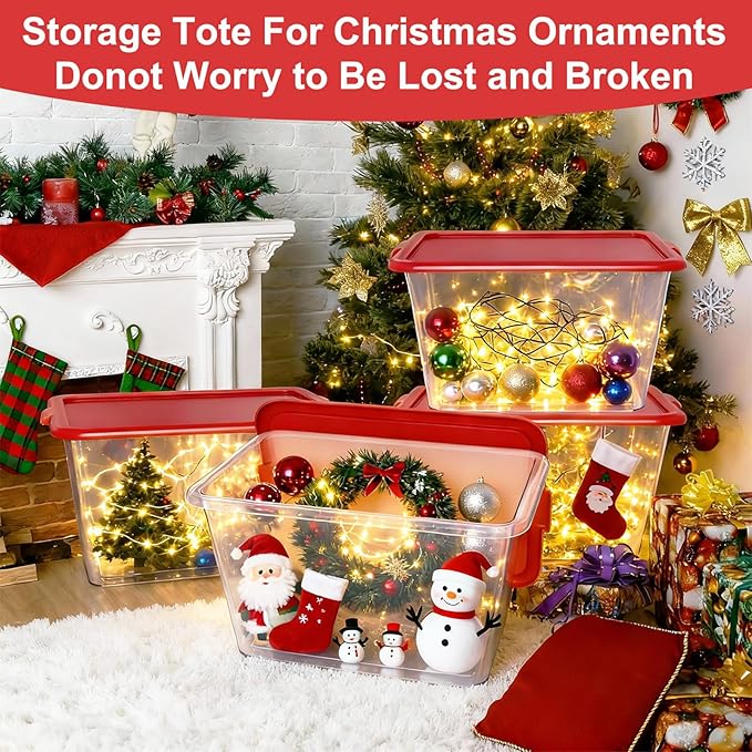 Storage Totes with Lids - Made in USA 14.5-Gallon (58-Quart) 4-Pack Clear Plastic Red Storage Bins Storage Containers Large Storage Boxes Organizer for Home, Office, and Garage Clear/Red