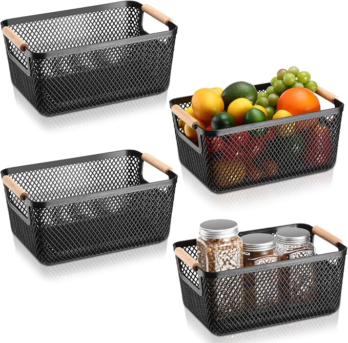Tioncy 4 Pcs Plastic Mesh Baskets with Wood Handle Woven Mesh Storage Organizer Bins Multi-function Rectangle Baskets for Home Pantries Shelves Closet Kitchens Bedrooms(12.01 x 8.03 x 5.59 Inches)