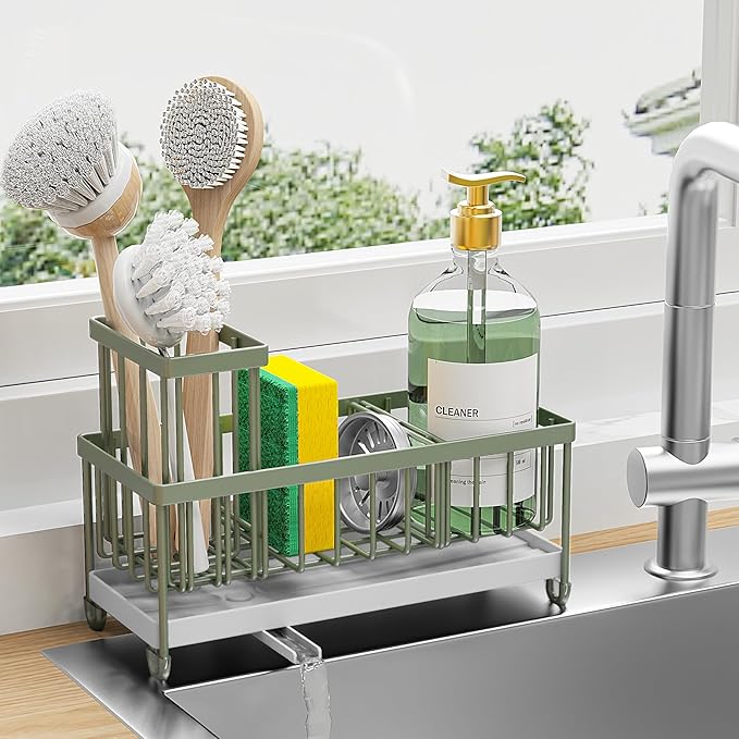 Cisily Sponge Holder for Kitchen Sink, Sink Caddy Organizer with High Brush Holder, Kitchen Countertop Organizers and Storage Essentials, Rustproof 304 Stainless Steel (Sage Green, 9.25″)