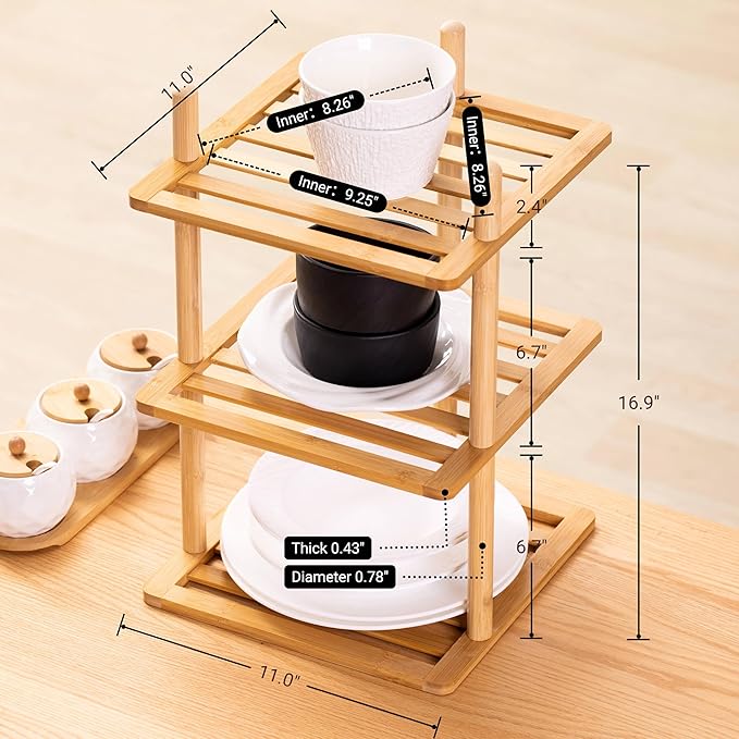 2Pcs 3-Tier Cabinet Organizer Shelf - Bamboo Corner Rack for Kitchen Counter, Cabinet Space Saver for Plates, Dishes, Bowls, Bread - Pantry and Bathroom Storage or Countertop (2, 3Tier-Large-6.7"H)