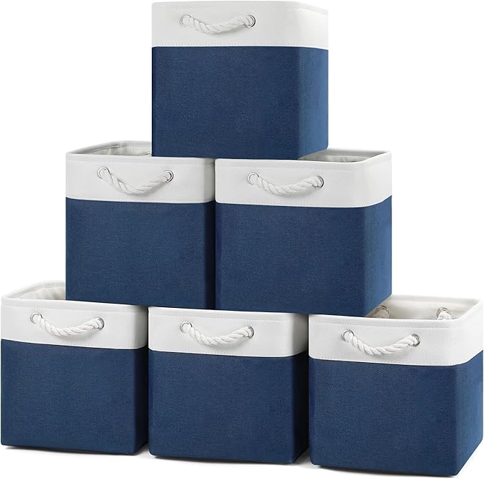 Posprica 11×11×11 Storage Cubes, Collapsible Storage Bins Organizer for Closet, Fabric Storage Box with Cotton Rope Handles, Decorative Storage Baskets for Shelves, Nursery, Toy, set of 6 - White/Blue